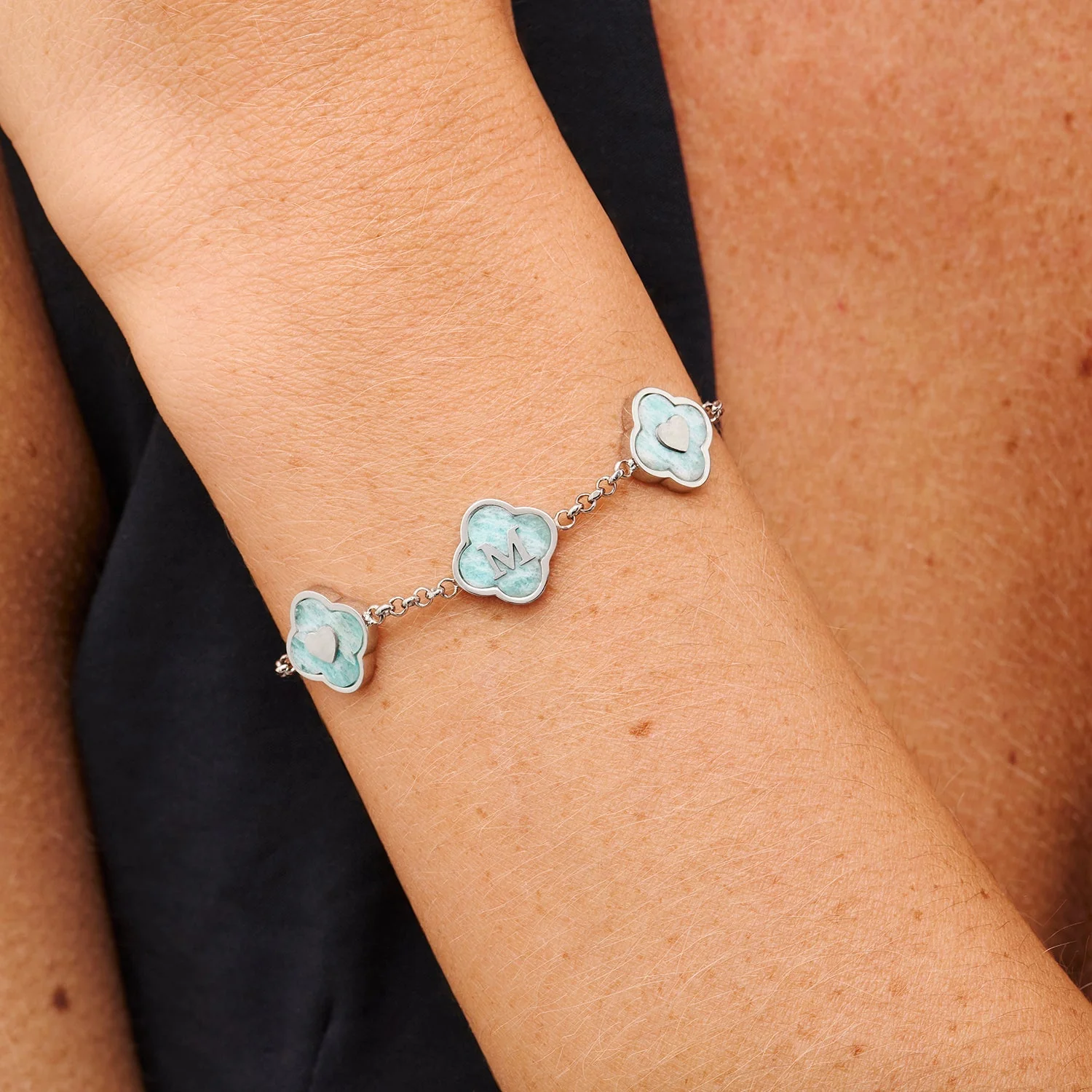 Amazonite Clover Custom Name Bracelet (Silver) - Image 2
