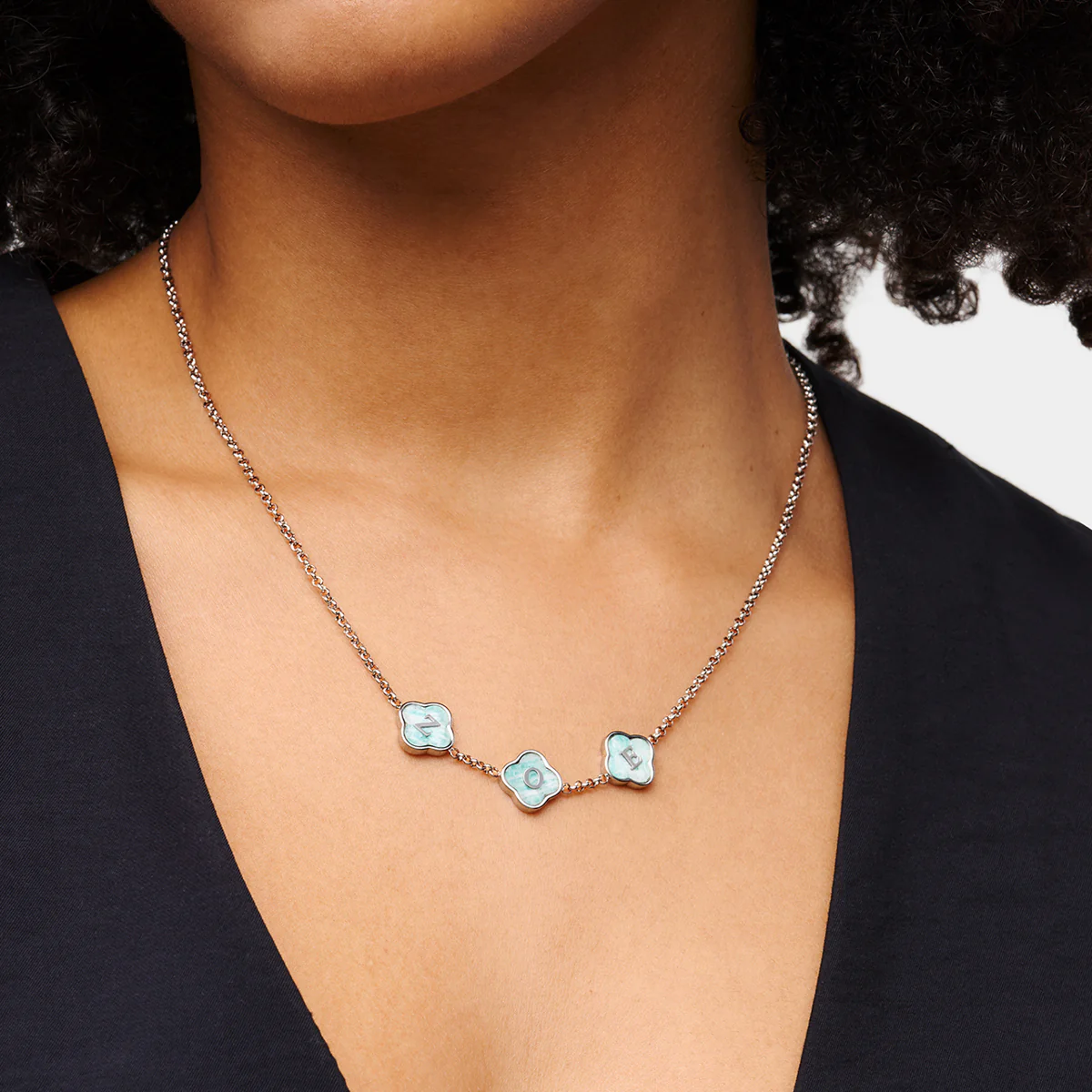 Amazonite Clover Custom Name Necklace (Silver) - Image 2
