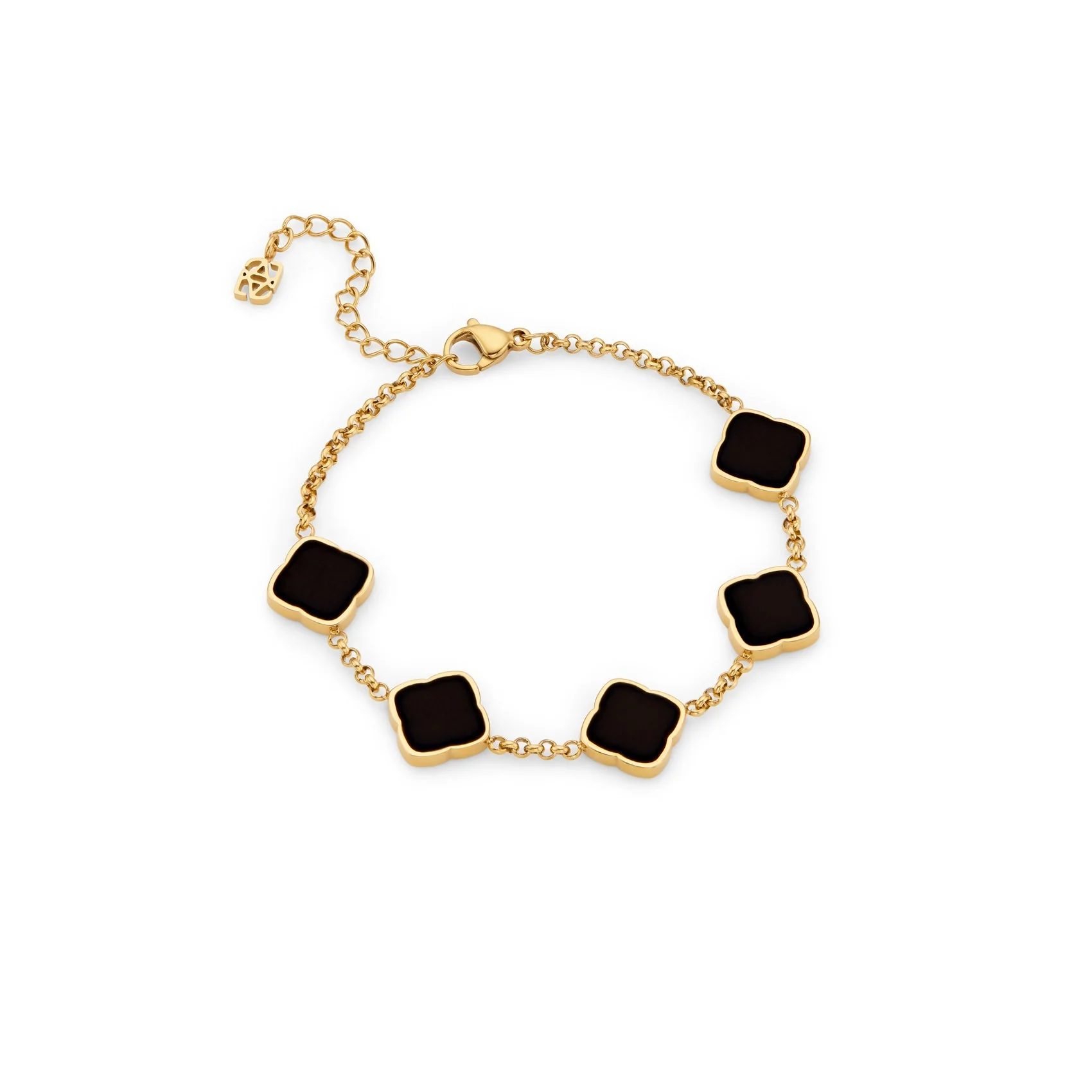 Black Enamel Multi Clover Bracelet - Gold