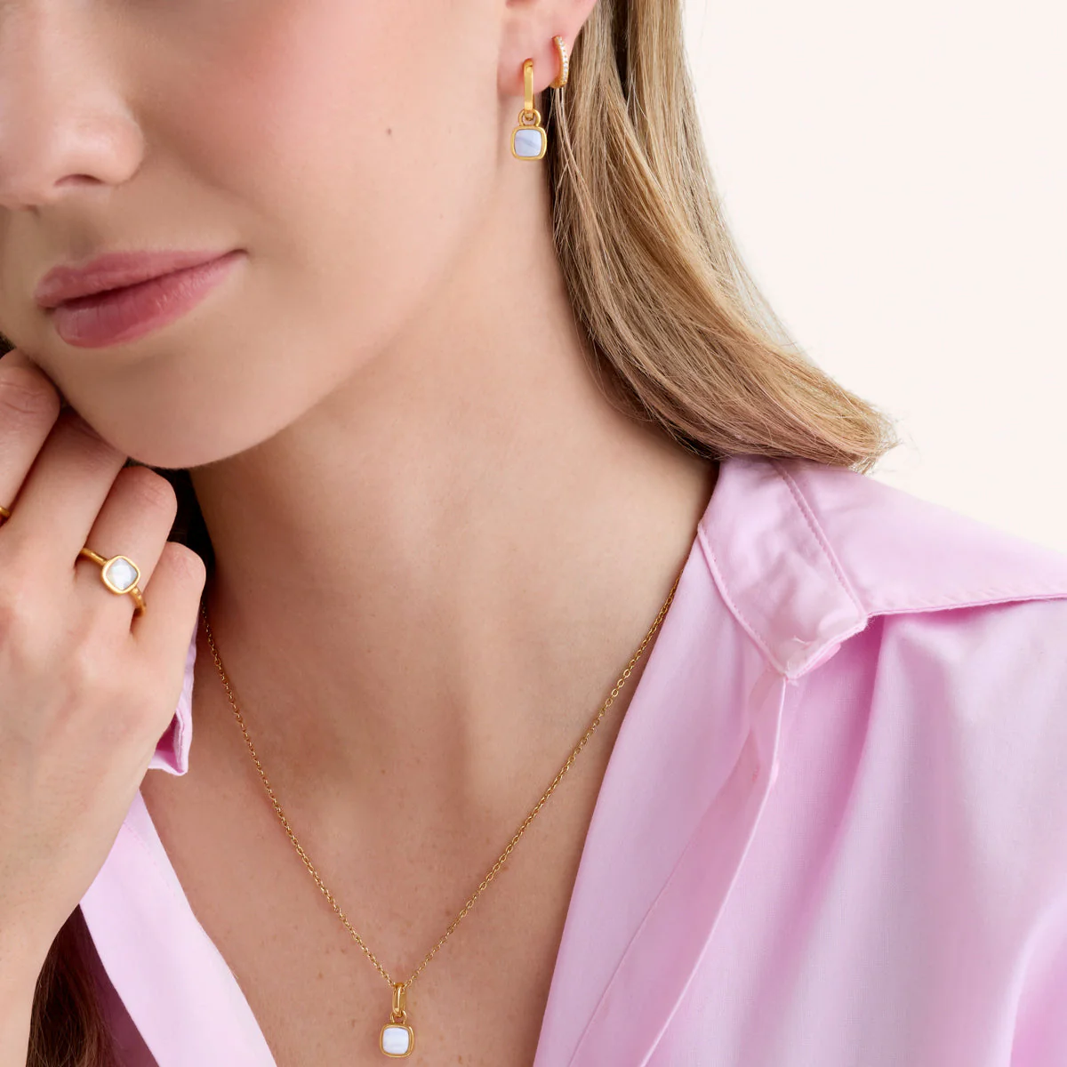 Blue Lace Agate Cushion Huggie Earrings (Gold) - Image 4