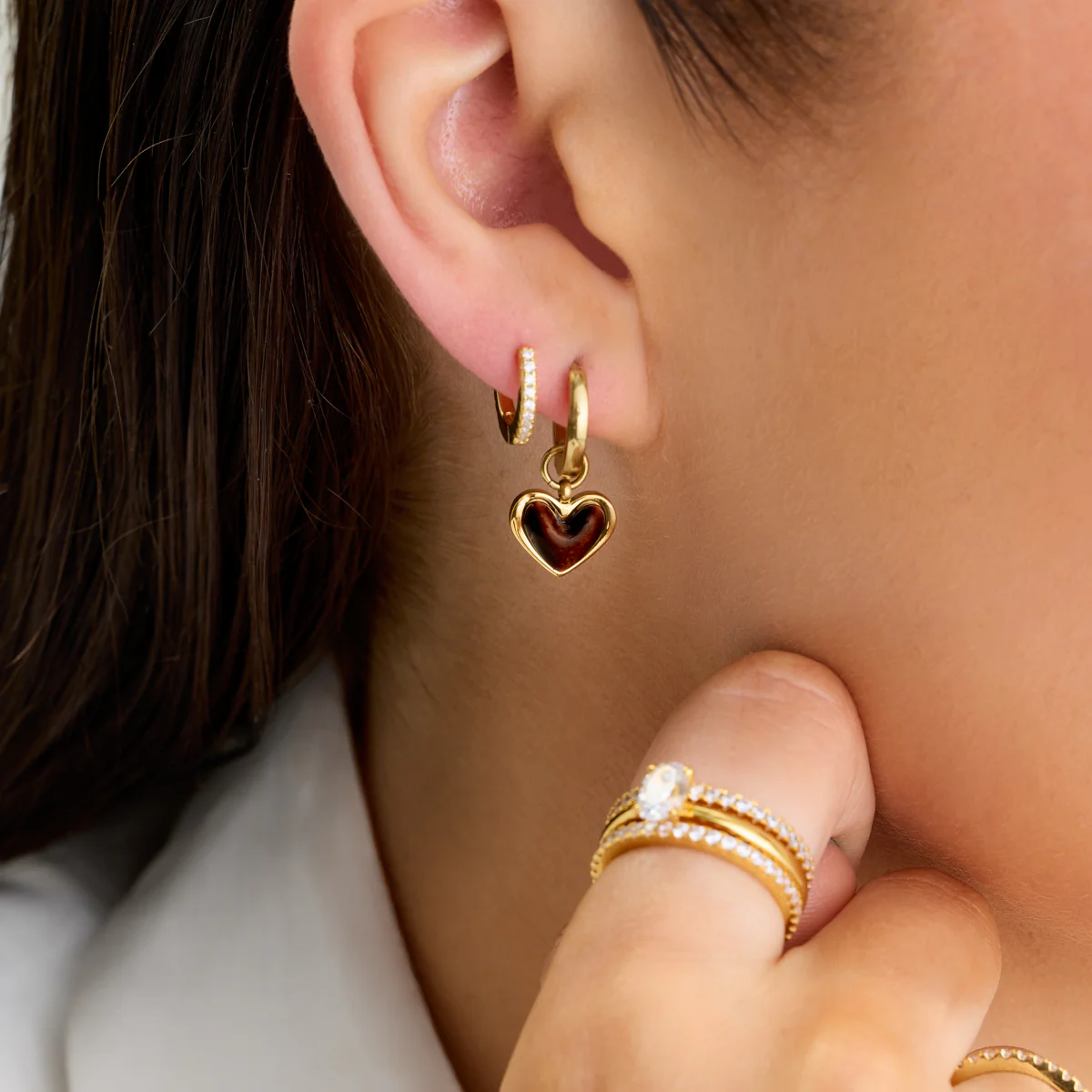 Chocolate Brown Heart Huggie Earrings (Gold) - Image 4