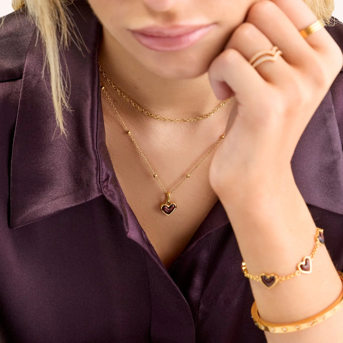 Chocolate Brown Multi Heart Bracelet (Gold) - Image 4