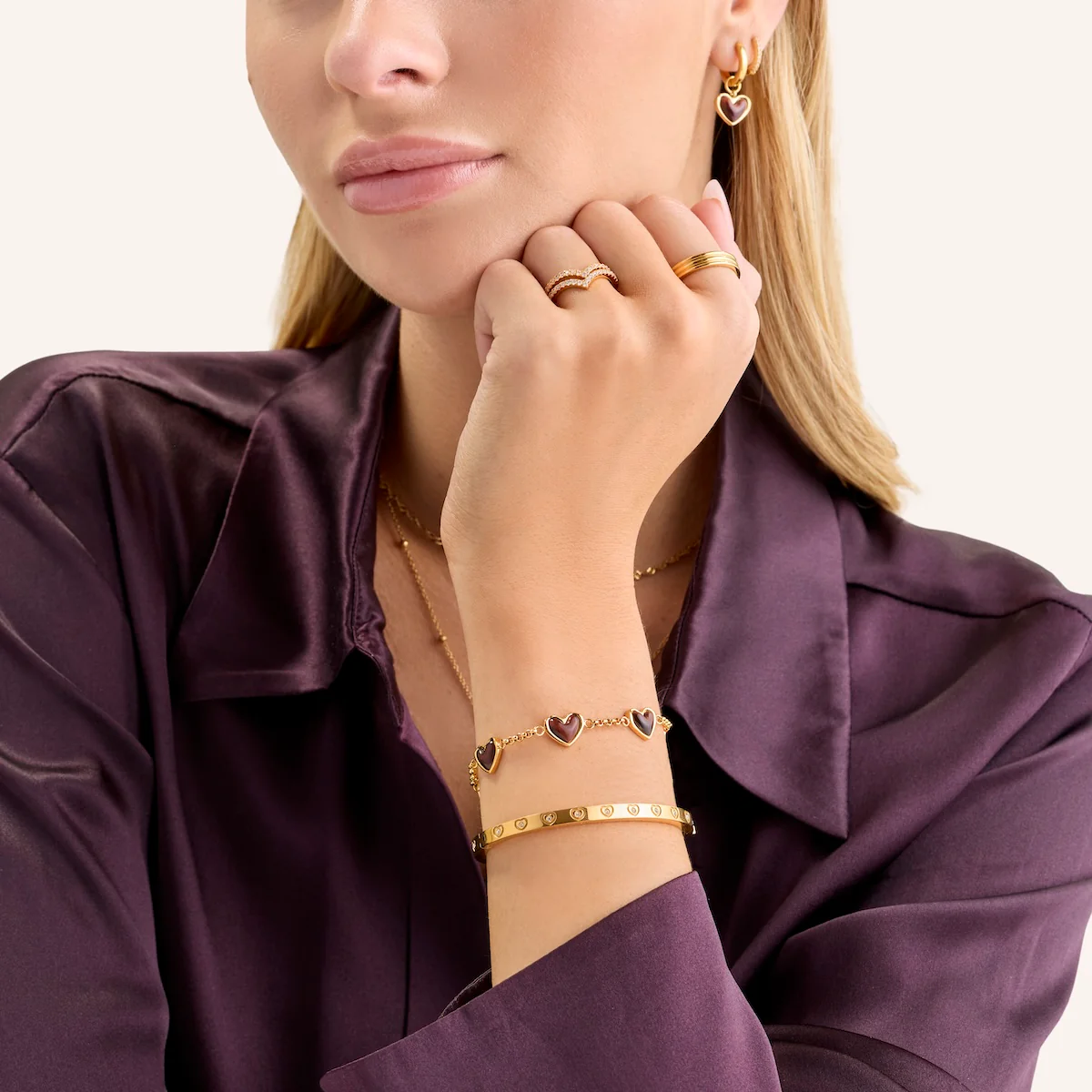 Chocolate Brown Multi Heart Bracelet (Gold) - Image 5