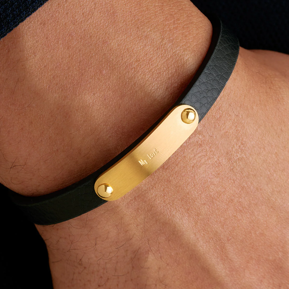 Custom Handwritten Men's Leather Bracelet (Gold) - Image 2