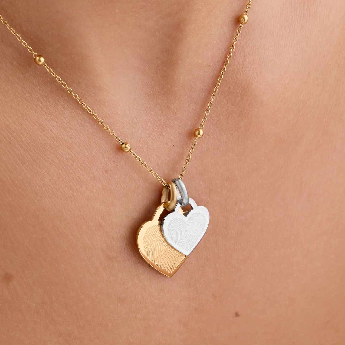 Double Heart Token Fingerprint Necklace (Gold & Silver) - Image 2