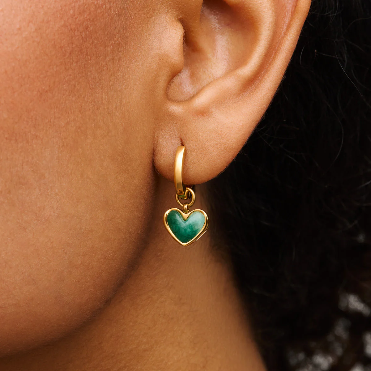 Green Quartz Heart Huggie Earrings (Gold) - Image 2