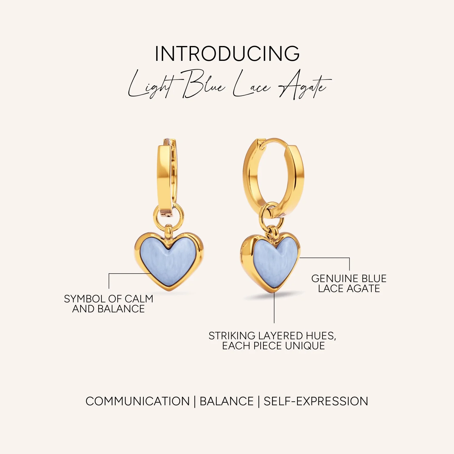 Light Blue Lace Agate Heart Huggie Earrings (Gold) - Image 5