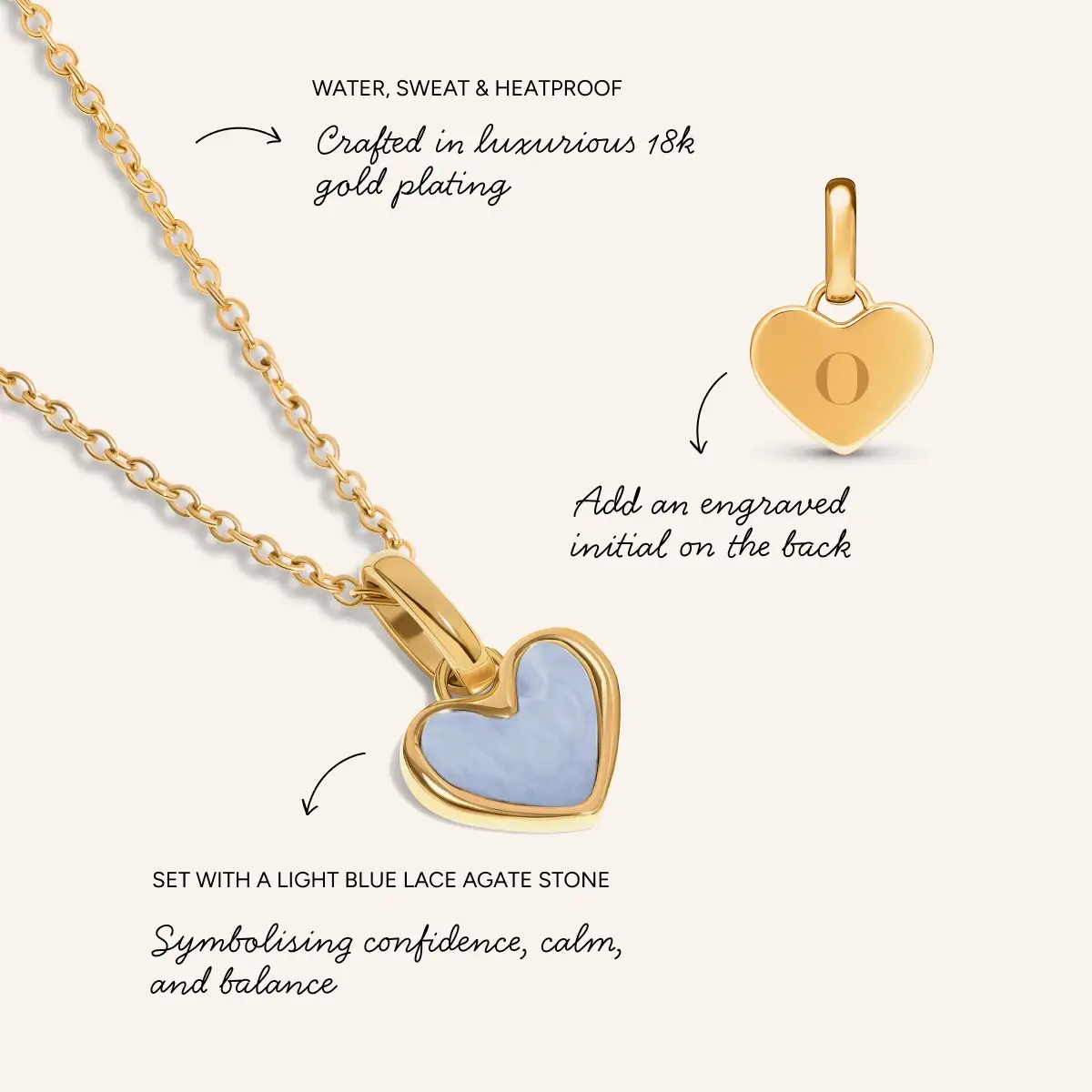 Light Blue Lace Agate Heart Necklace (Gold) - Image 3