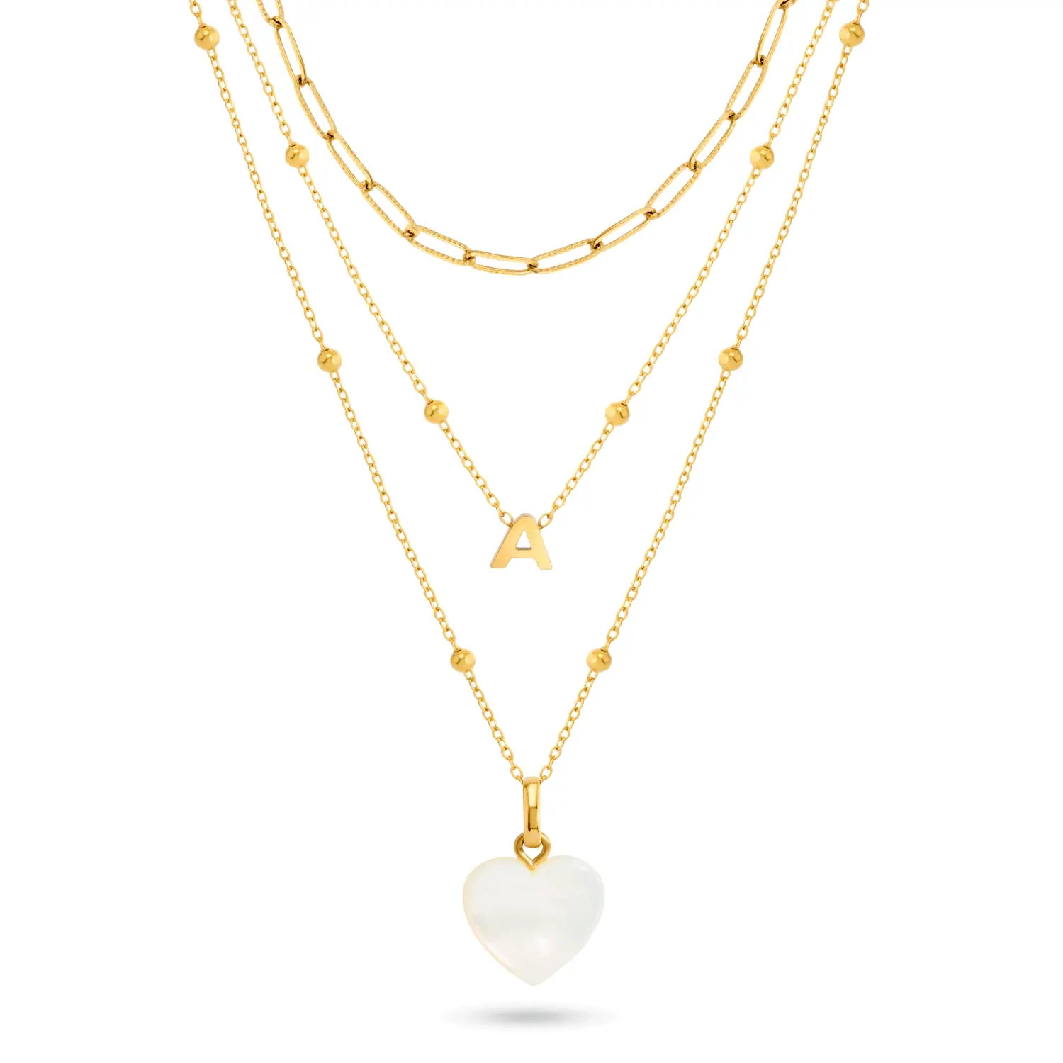 Mini Letter & Heart Birthstone Layered Necklace Set (Gold)