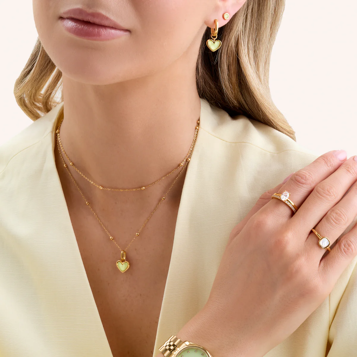 Mint Green Quartz Heart Huggie Earring Set (Gold) - Image 5