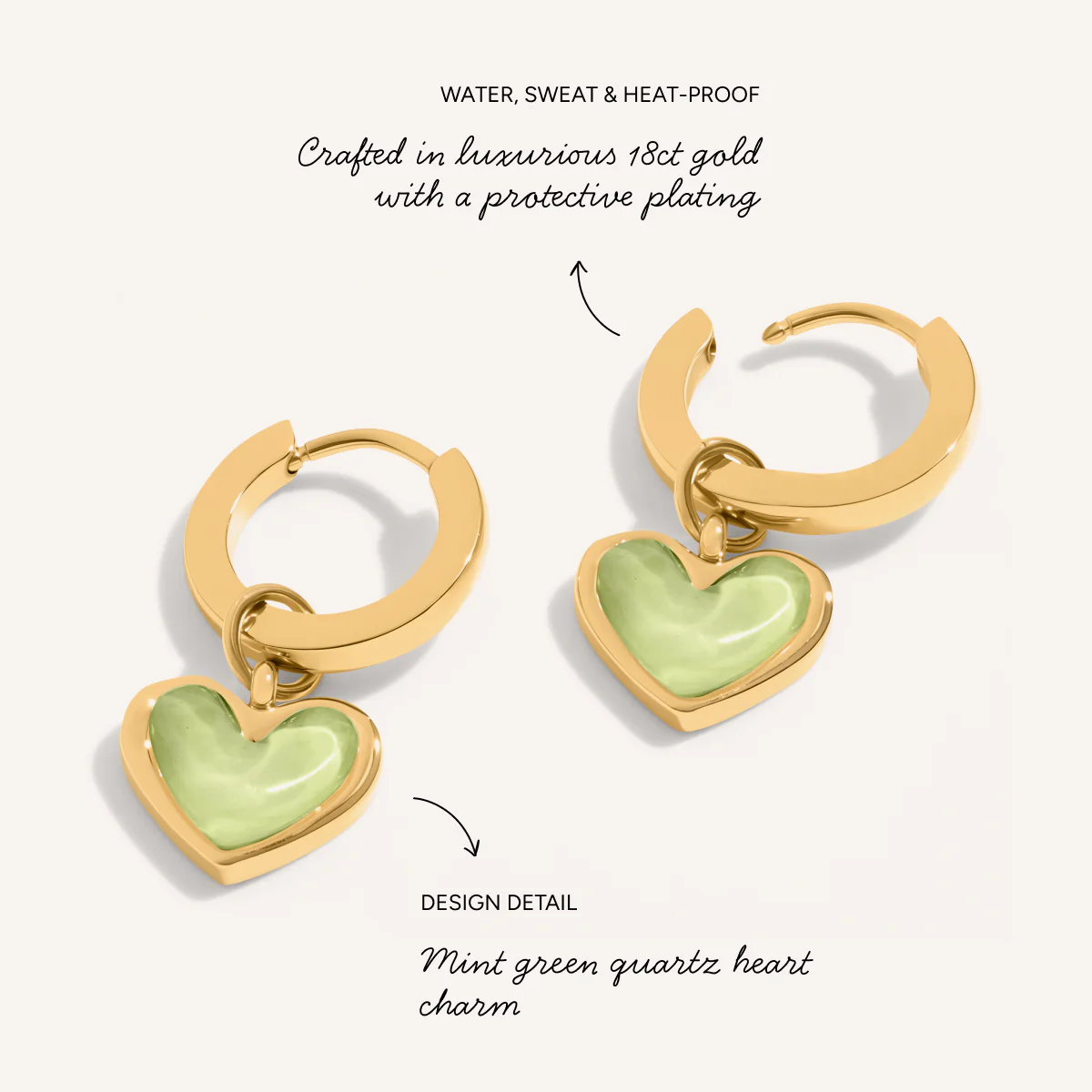 Mint Green Quartz Heart Huggie Earrings (Gold) - Image 2