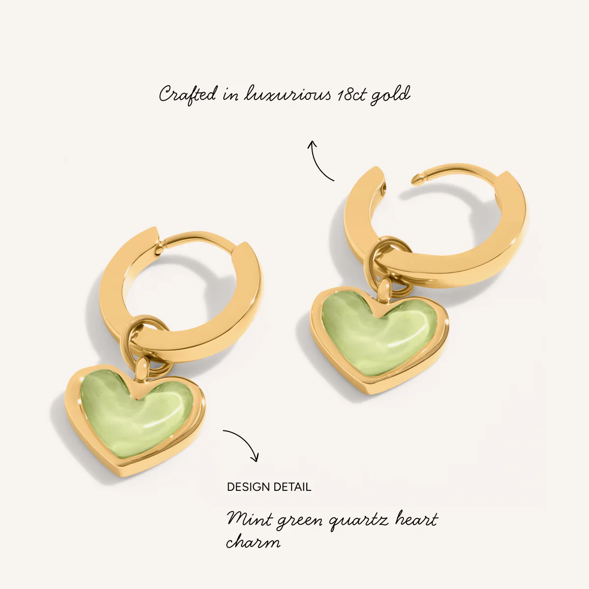 Mint Green Quartz Heart Huggie Earrings (Gold) - Image 3