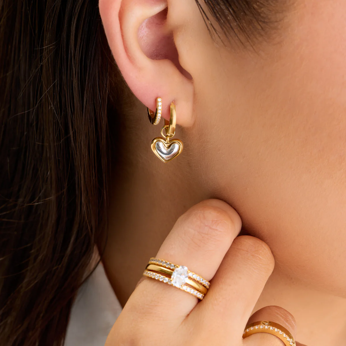 Mixed Metal Heart Huggie Earrings (Gold) - Image 4
