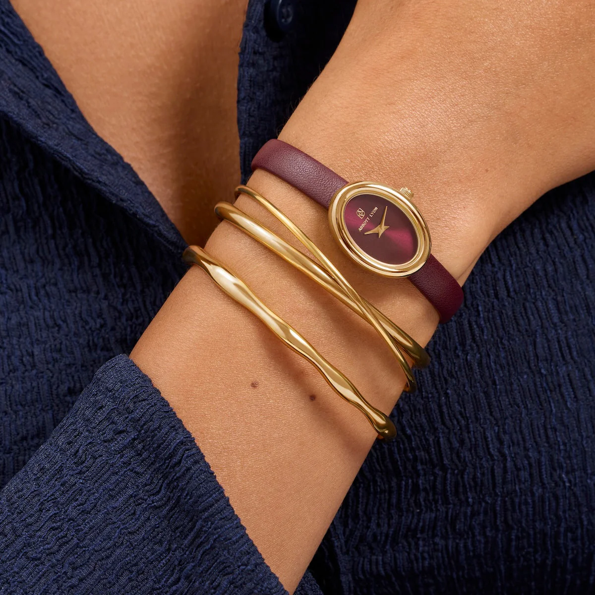 Monroe Leather Watch & Bangle Set (Burgundy/Gold) - Image 2