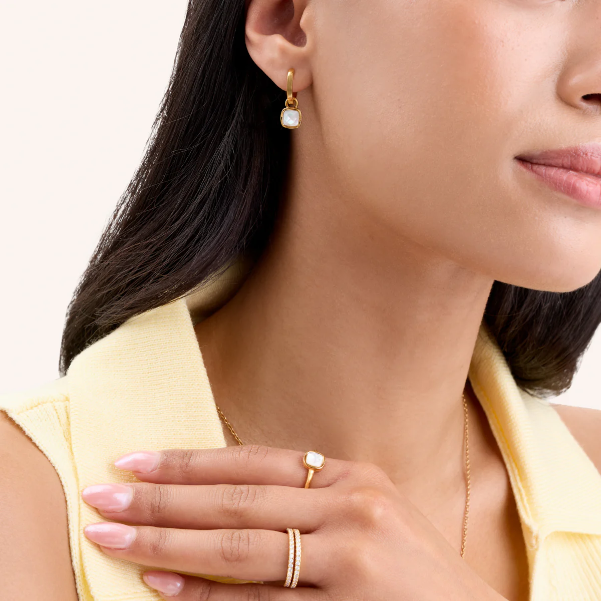 Mother of Pearl Cushion Huggie Earrings (Gold) - Image 4