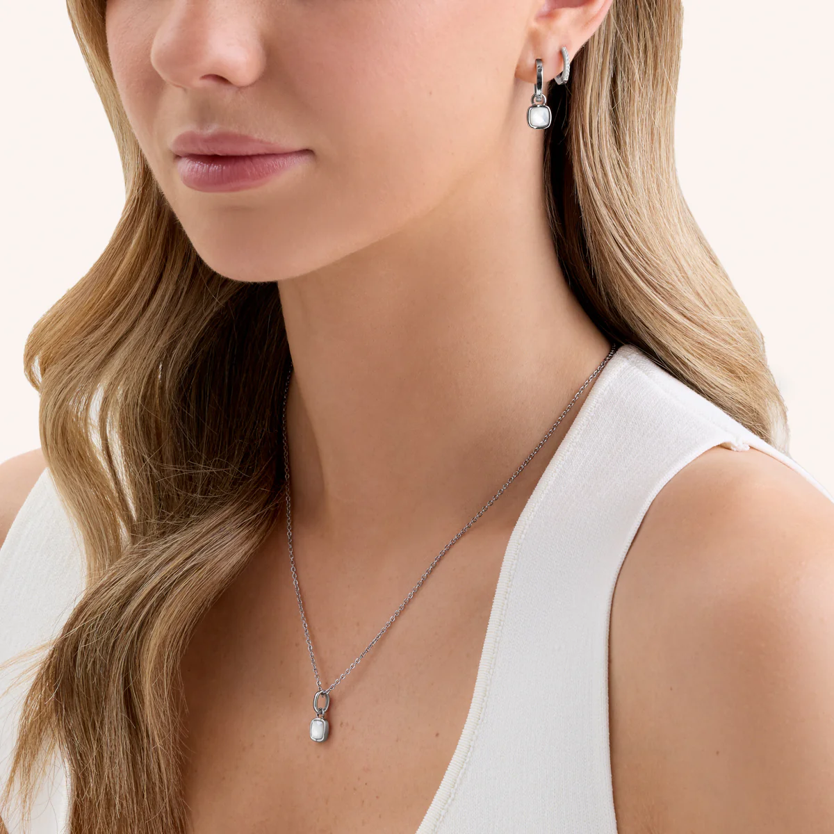 Mother of Pearl Cushion Huggie Earrings (Silver) - Image 4