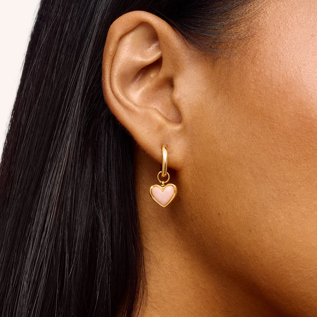 Pale Pink Opal Heart Huggie Earrings (Gold) - Image 2