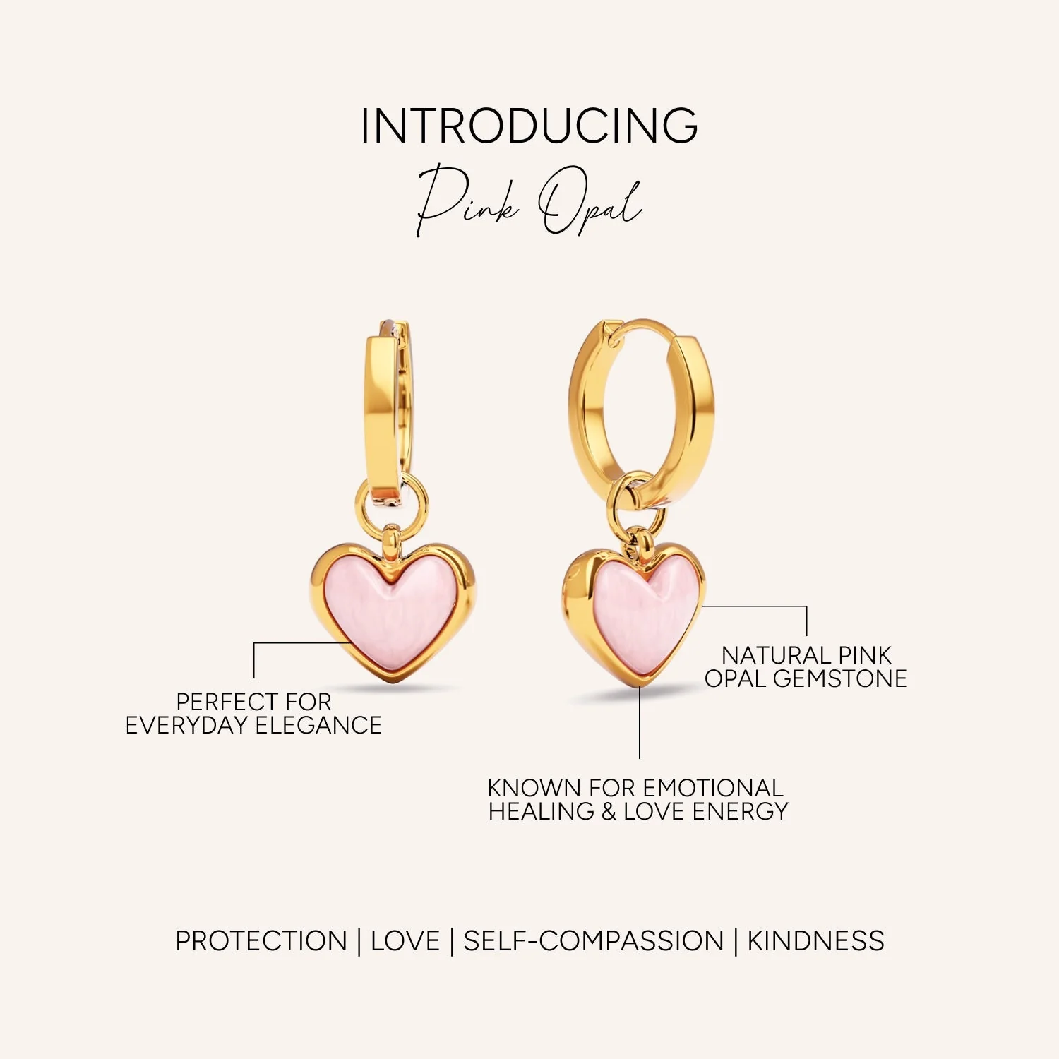 Pale Pink Opal Heart Huggie Earrings (Gold) - Image 5