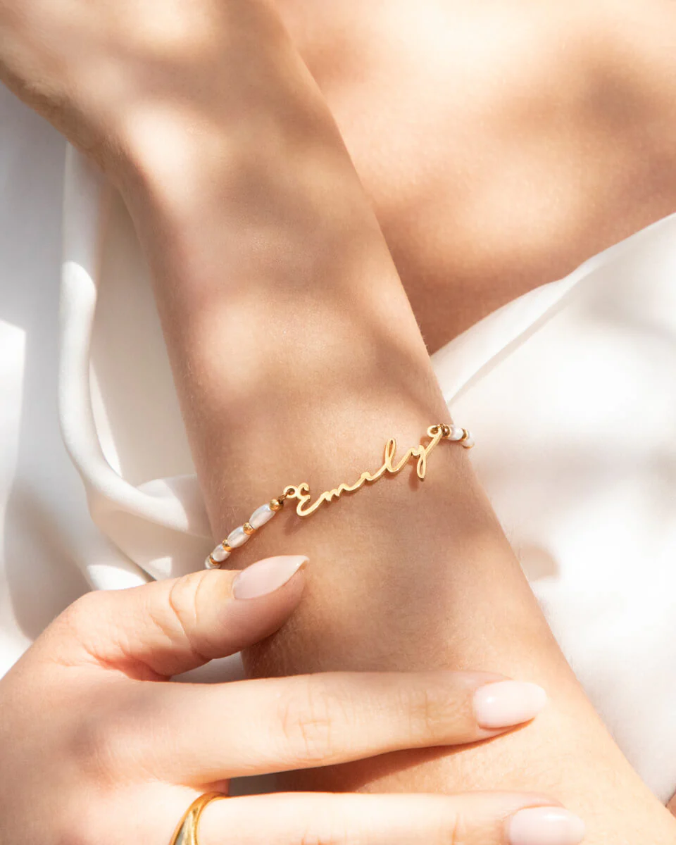 Pearl Chain Signature Name Bracelet (Gold) - Image 2
