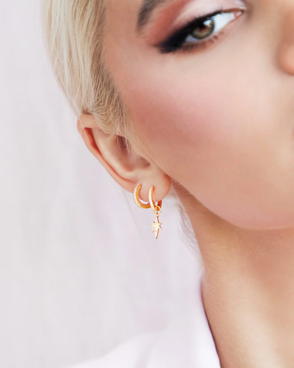 Sterling Silver Crystal Huggie Hoop Earrings (Gold) - Image 3