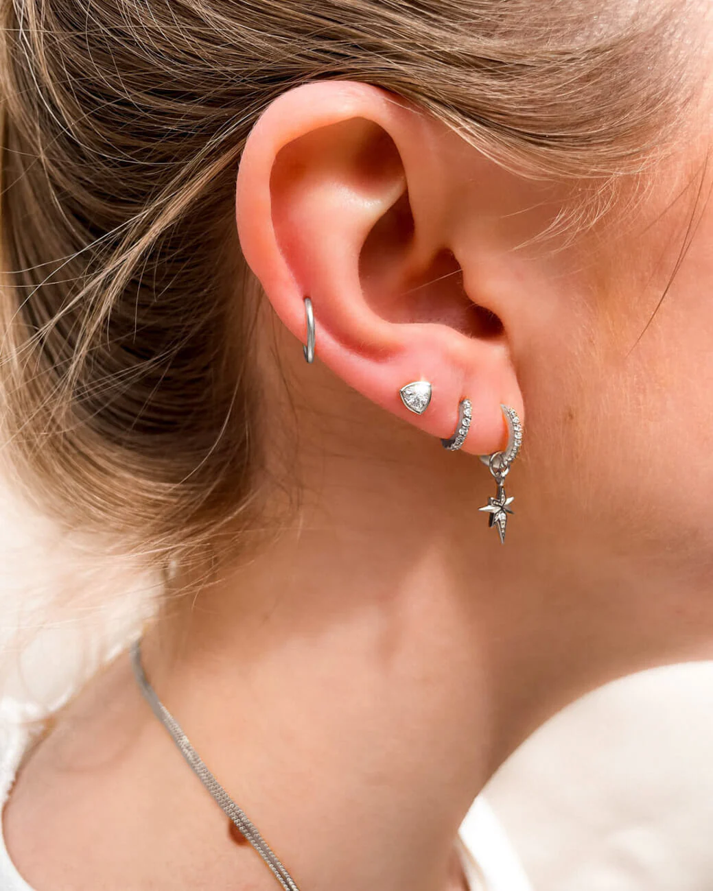 Sterling Silver Crystal Huggie Hoop Earrings (Silver) - Image 4