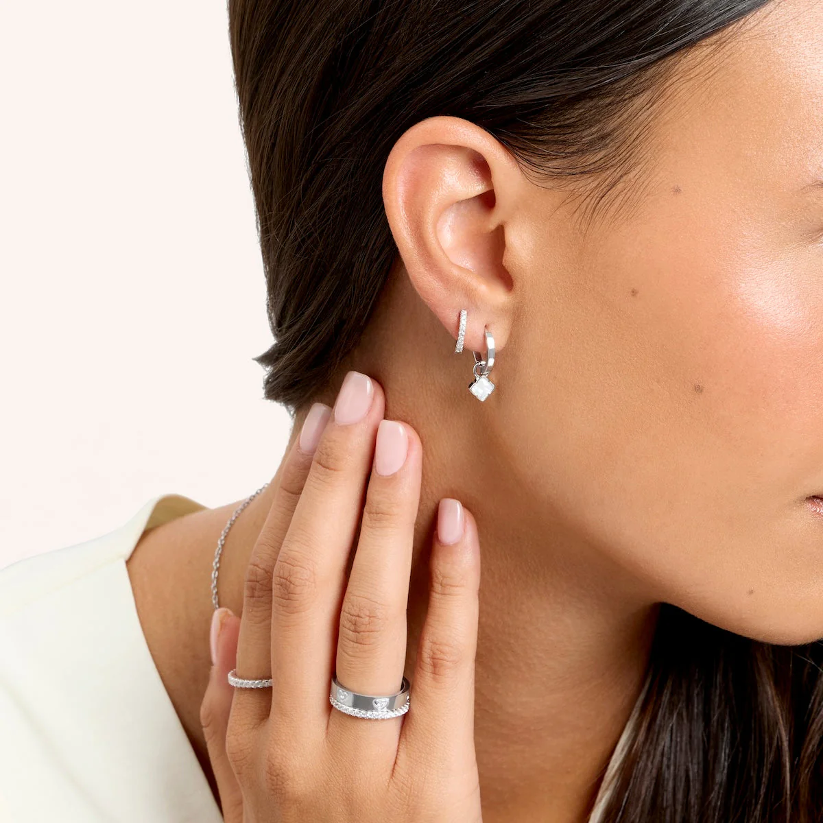 Fine Mini Pearl Clover Huggie Earrings (Silver) - Image 3