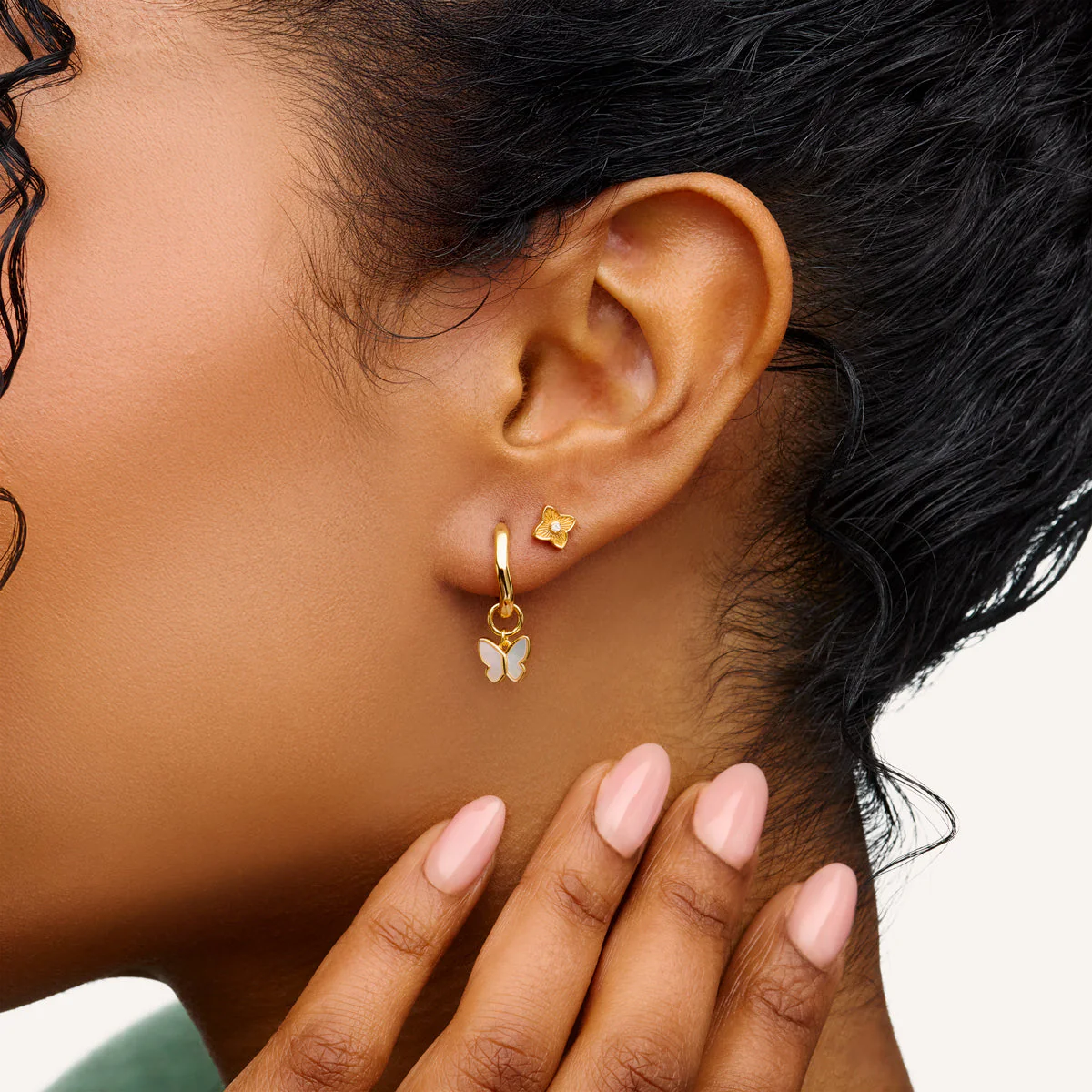 Fine Molten Mother of Pearl Butterfly Huggie Earrings (Gold) - Image 2