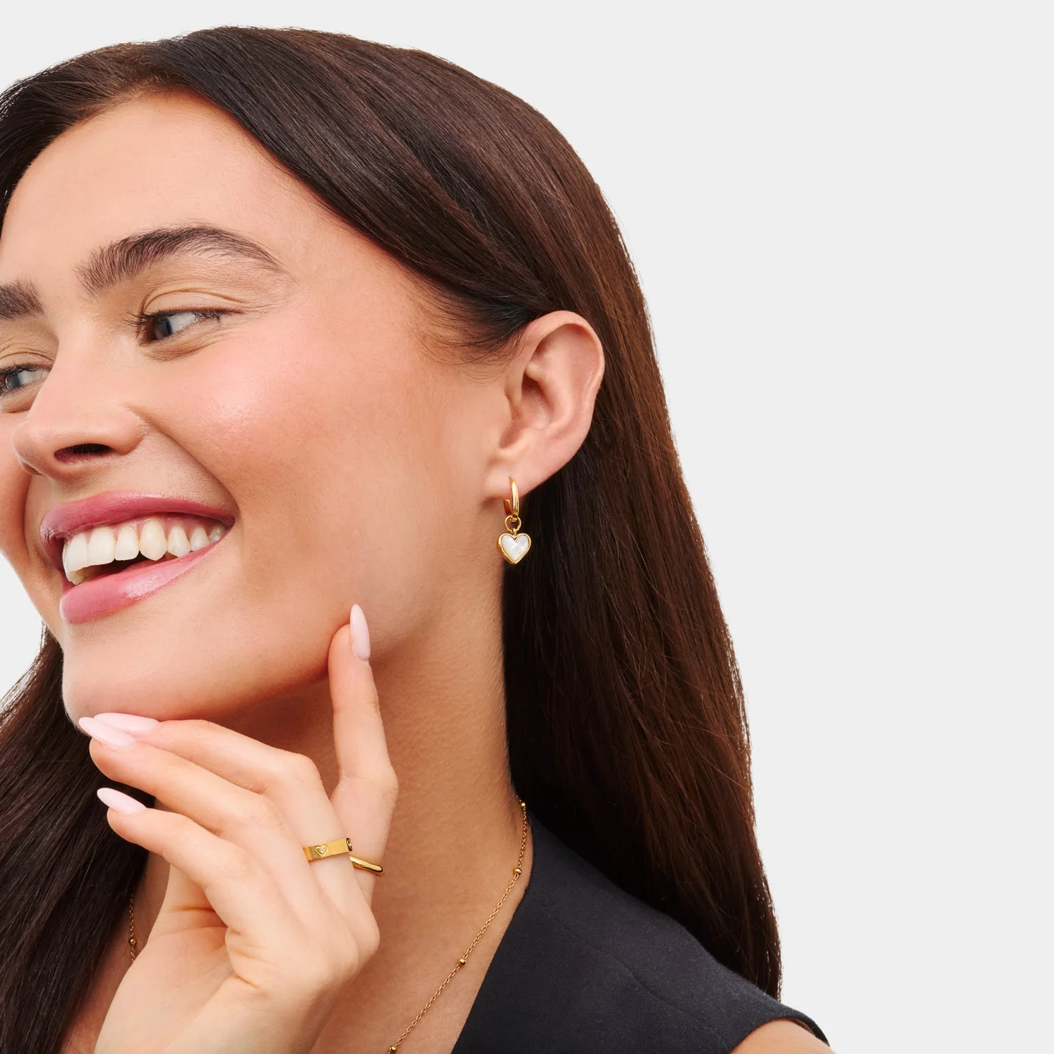 White Quartz Heart Huggie Earrings Set (Gold) - Image 4