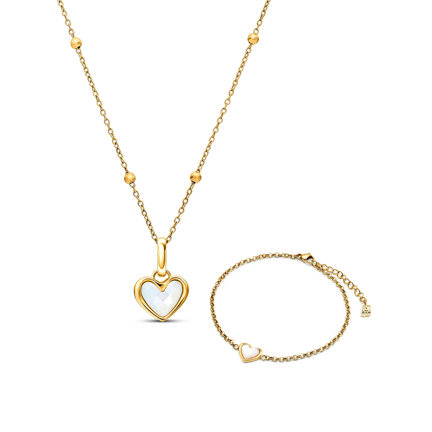White Quartz Heart Necklace & Bracelet Set (Gold)